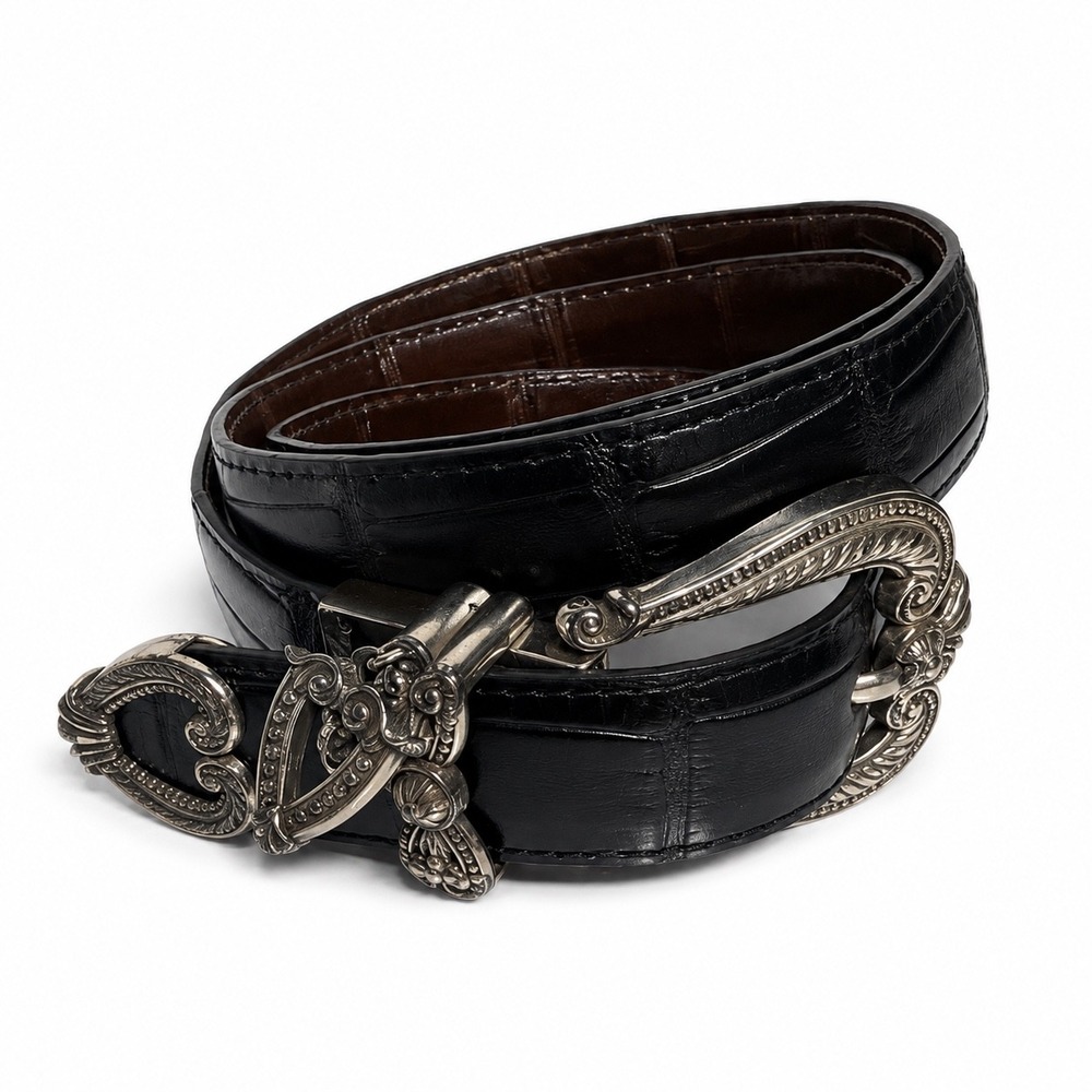 Brighton Black Croc Embossed Leather Belt Silver Heart Charm Buckle Western 34